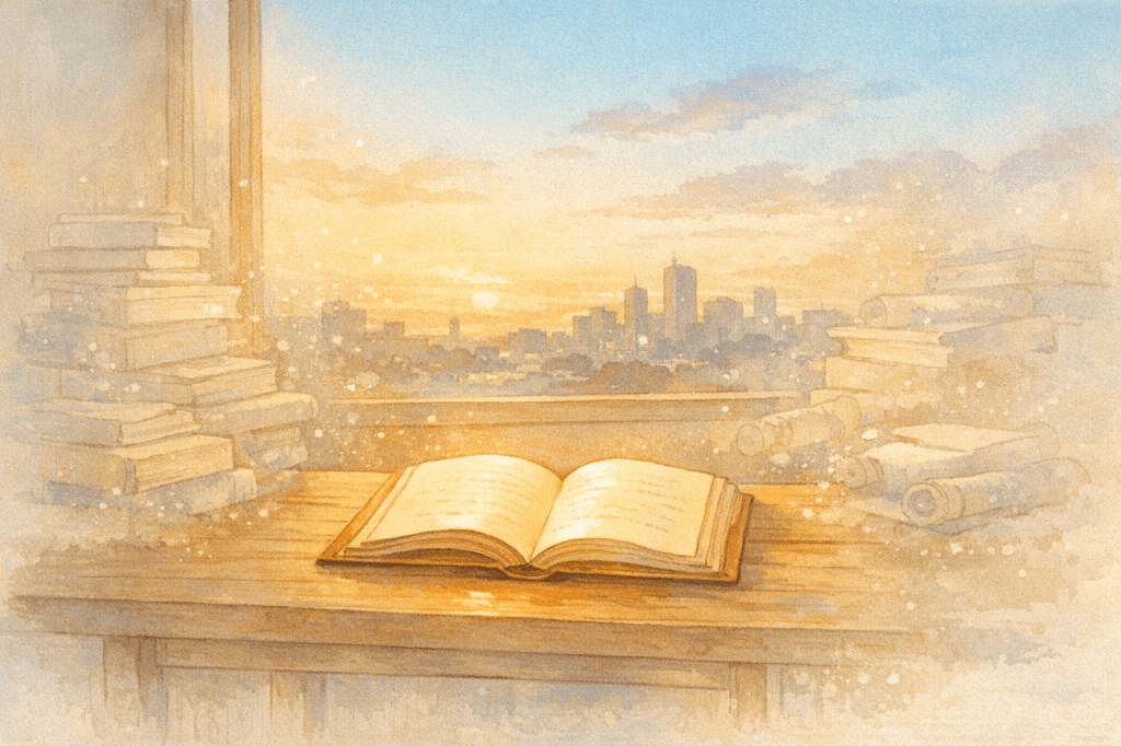One solid book at dawn while the surrounding manuscripts dissolve into light