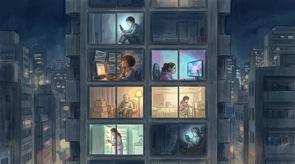 Night-time cross-section of an apartment block showing isolated figures caught in modern digital compulsions