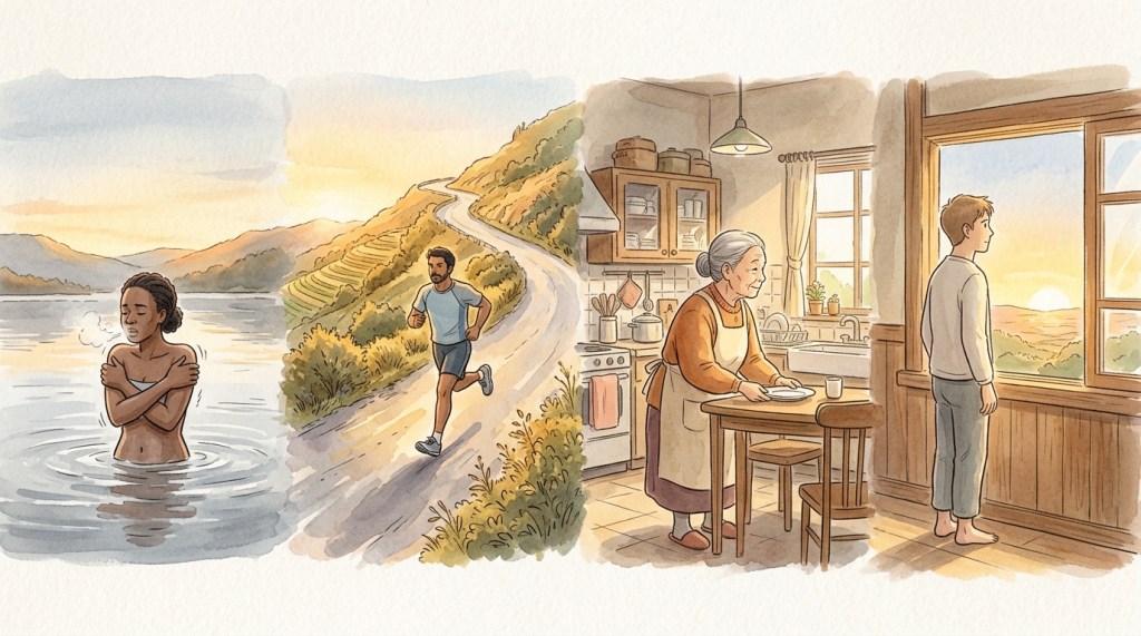 Four dawn moments of deliberate discipline (cold water, hill run, fasting, quiet reflection)