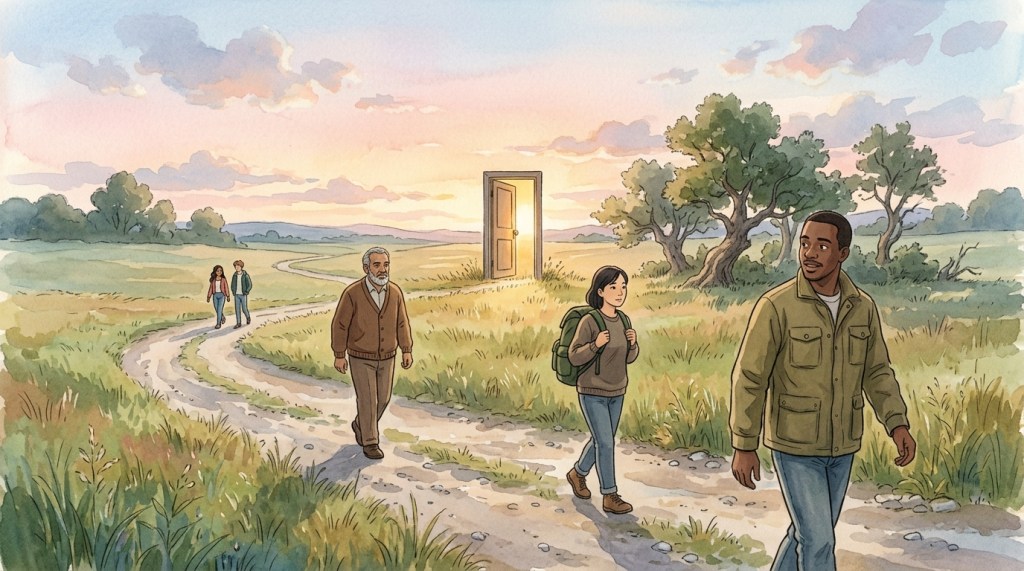 Diverse group of believers walking back along a road toward an open glowing doorway at dawn