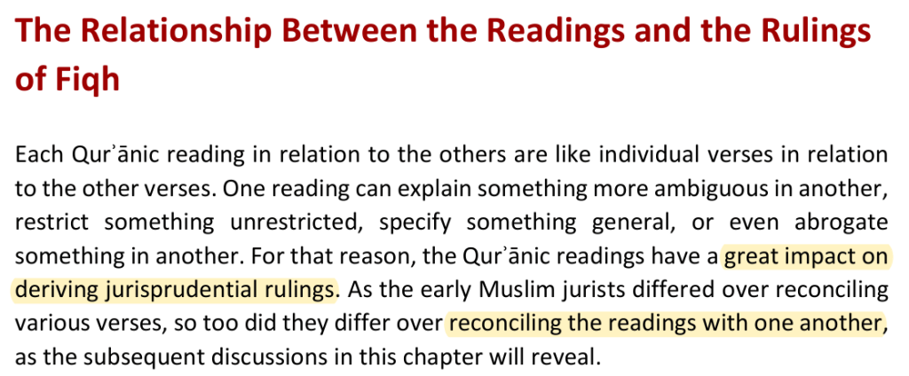Al-Meneese, The Fourteen Qur'anic Readings , English edition, 2021, p. 234. The author connects the readings with legal interpretation.