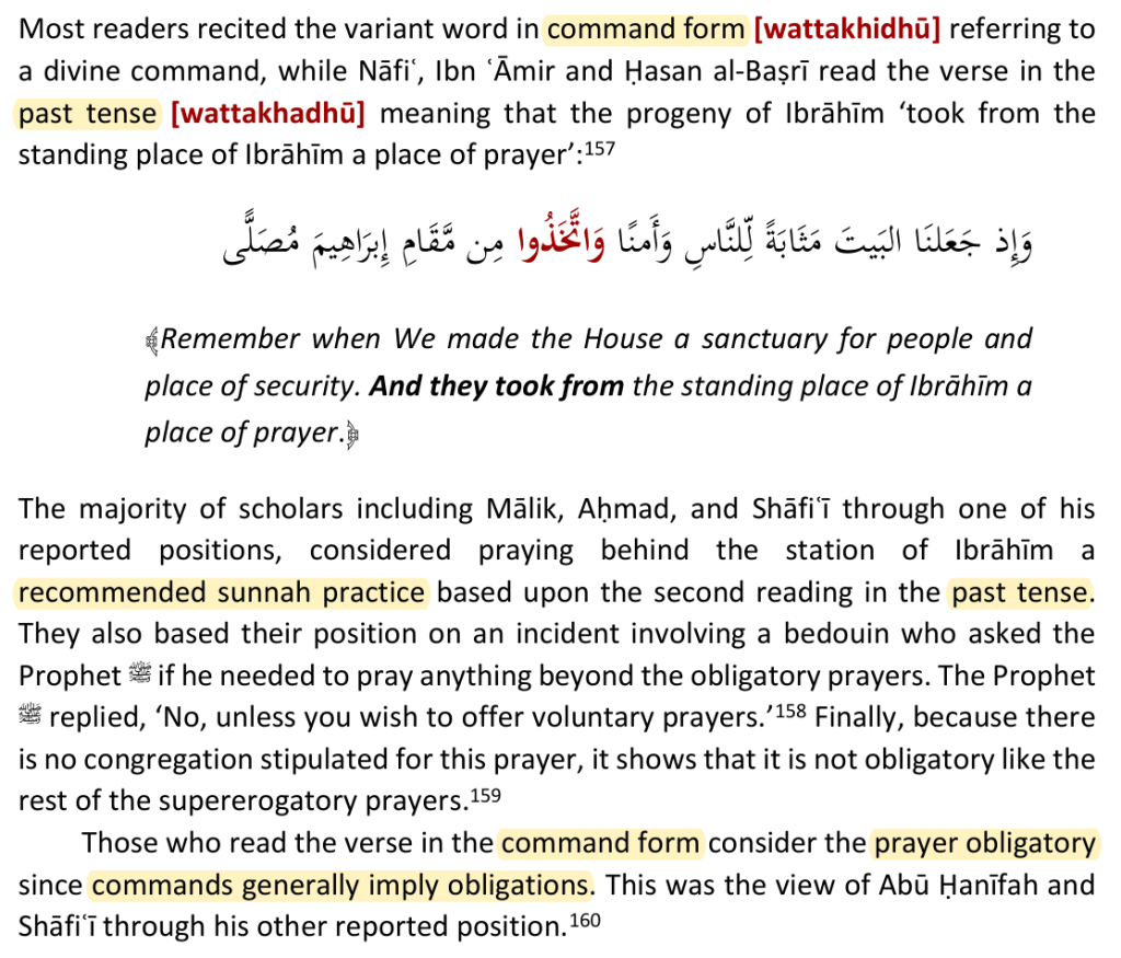 Al-Meneese, p. 283: command and past-tense readings of [2:125], with the resulting obligation debate.