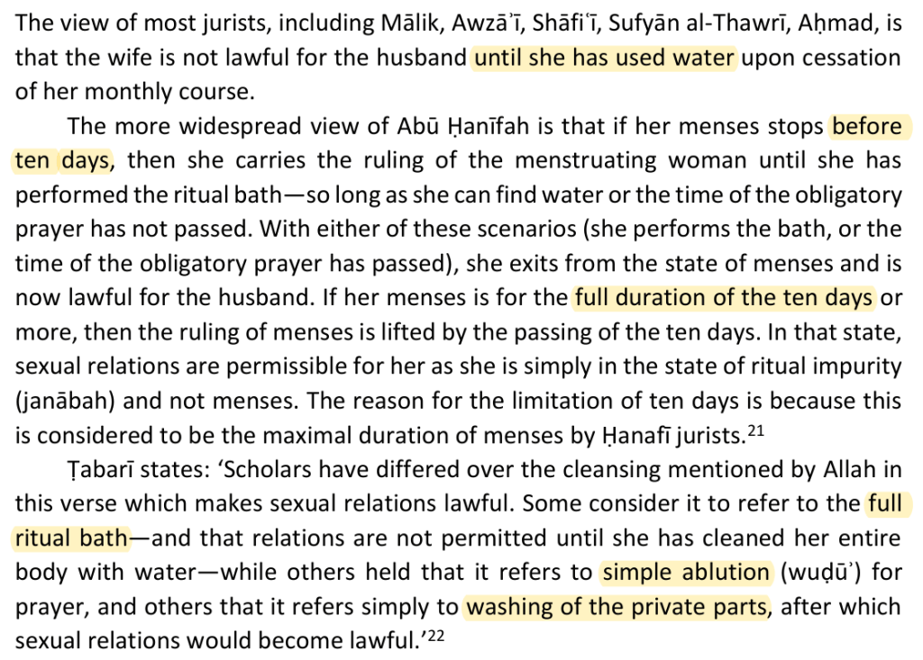 Al-Meneese, p. 239: differing conditions for resuming intercourse after menstruation.