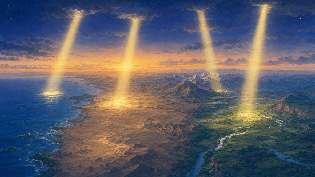 Four beams from one source reaching four distant parts of the earth: God's peace-declarations reach where ours cannot