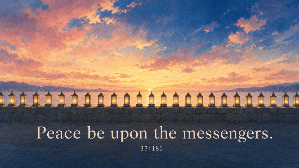 Verse card for 37:181, a row of identical equal lanterns: "Peace be upon the messengers."