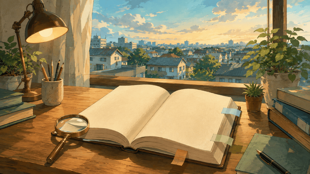 An unmarked book and bookmarks on a study desk beside a neighbourhood window