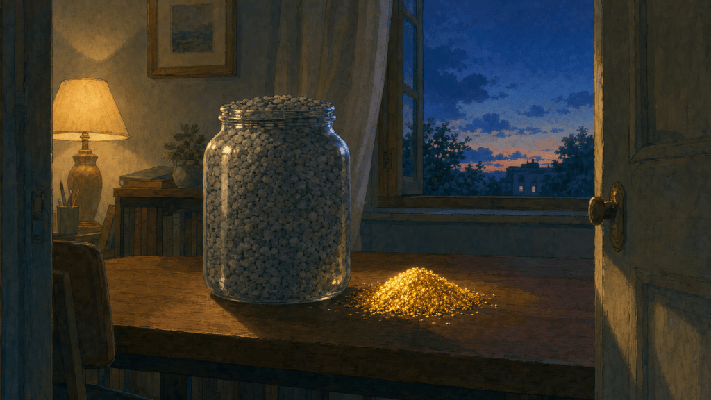 A jar full of grey pebbles with golden grains left over beside it: the commemoration of God crowded out