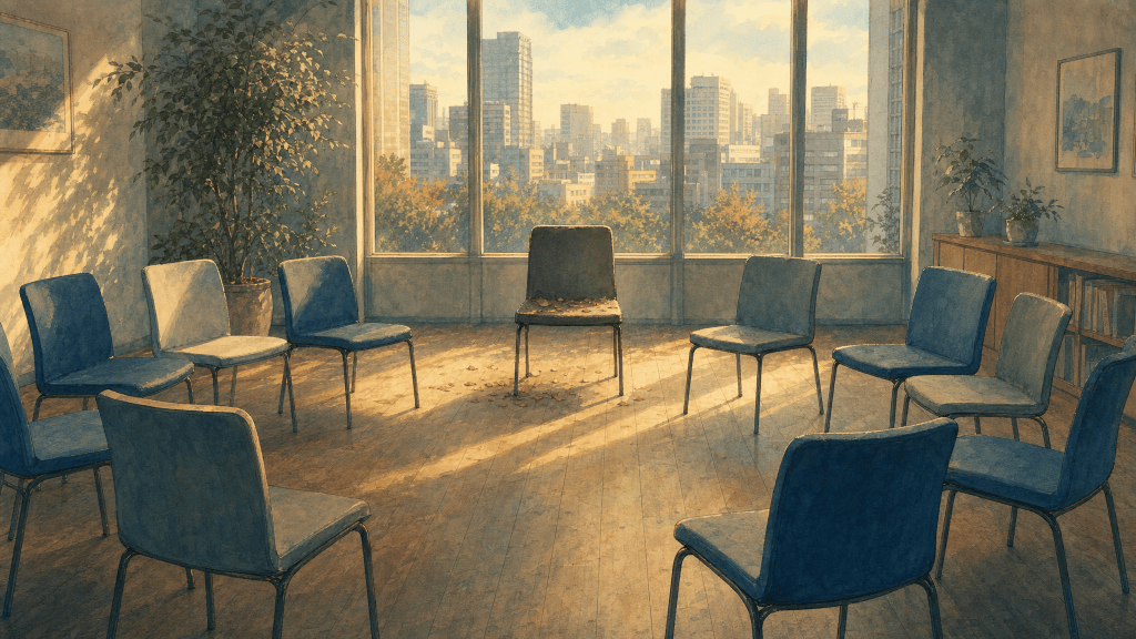 An empty dusty chair in a modern meeting room: instructions written for a room that once had someone in it