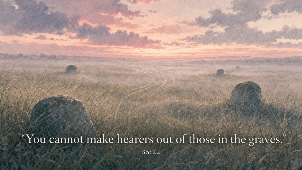 Verse card for 35:22 over a misty field of unmarked stones: "You cannot make hearers out of those in the graves."