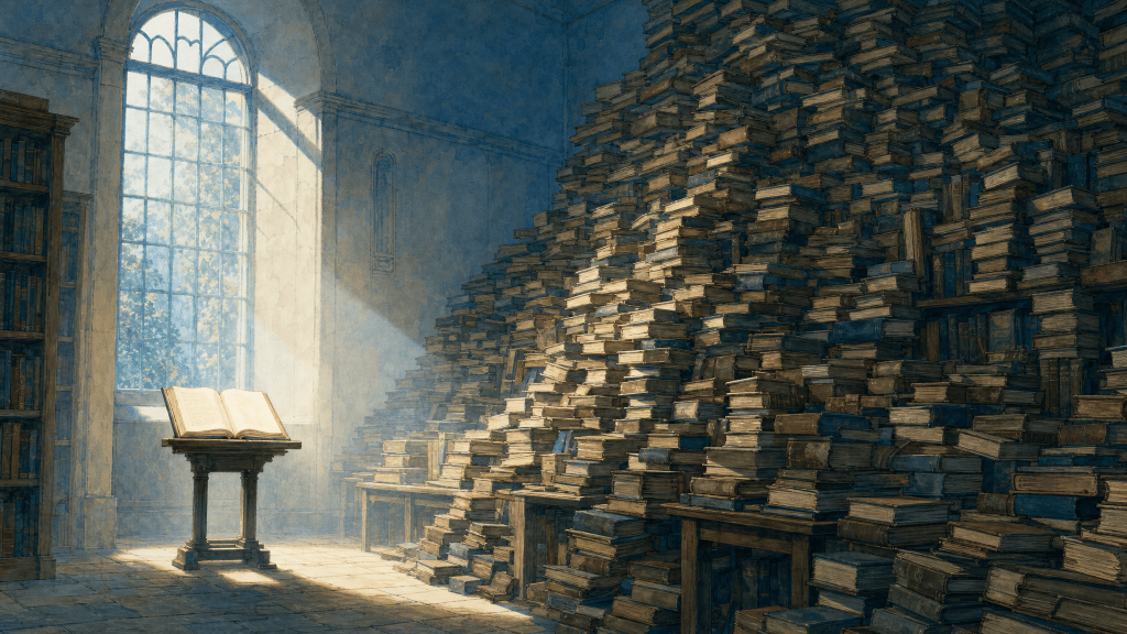 One luminous book against a towering pile of later volumes: the Quran and what was piled on top of it