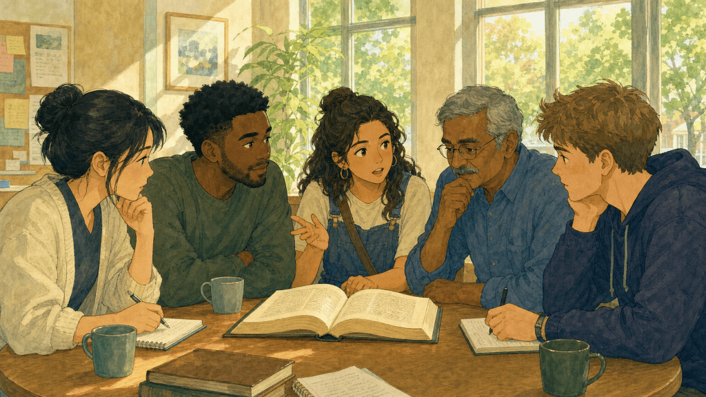 Five diverse contemporary characters examining one open book together: the steelman section