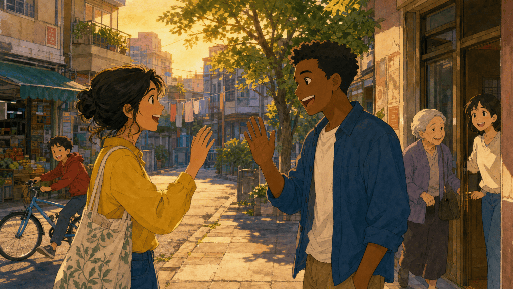 Two neighbours greeting each other warmly on an evening street: a greeting that actually arrives