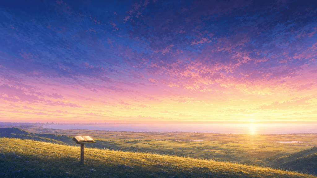 Final image: a vast empty dawn landscape, nothing standing between the light and the ground