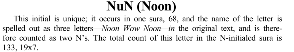 Appendix 1, printed page 380, explaining the spelling NuN as nun-waw-nun and its two nuns.