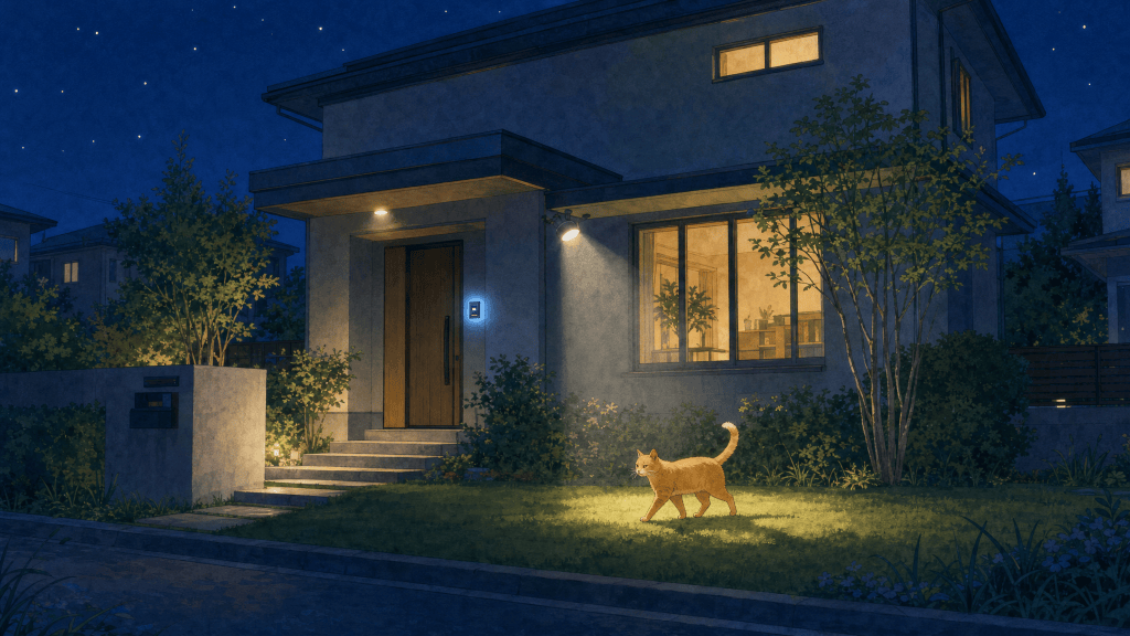 Suburban house at night, alarm panel glowing, motion light catches the real intruder: a ginger cat.