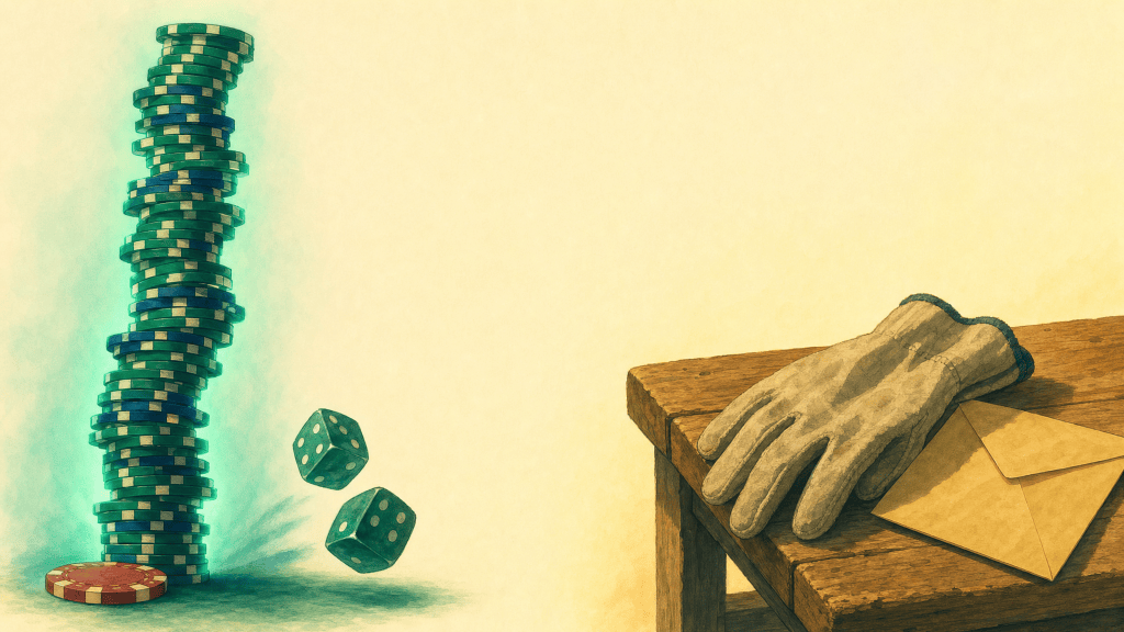 The anatomy of a wager: teetering casino-chip tower and dice vs a work glove and wage envelope.