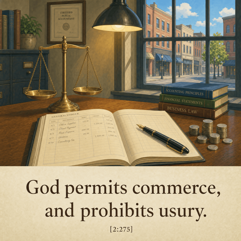 Verse card over an accountant's desk with balance scale and ledger: 'God permits commerce, and prohibits usury.' [2:275]