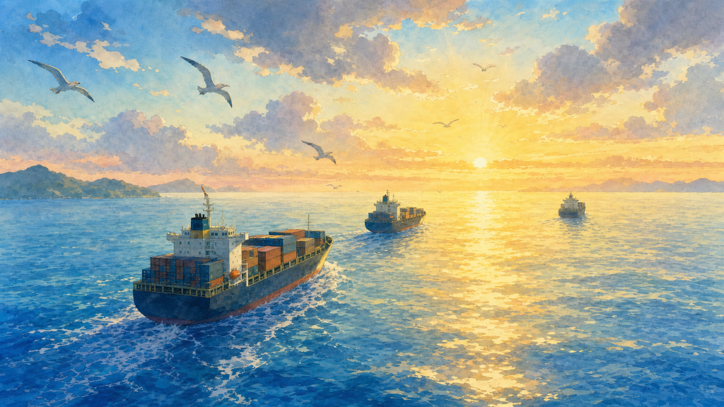 Cargo ships seeking bounty on a luminous dawn sea — risk in lawful trade is not gambling.