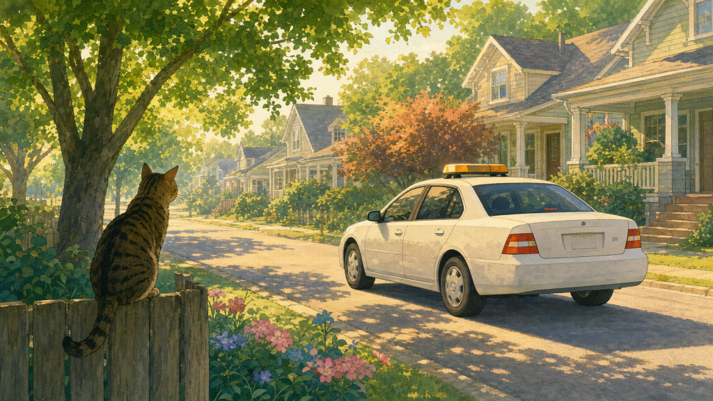 Final image: unmarked private security patrol car cruising a peaceful American suburb at dawn.