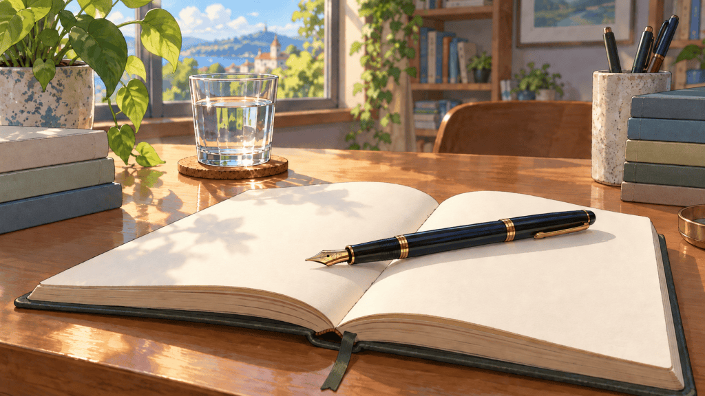 An open notebook and pen illustrate learning and recording.