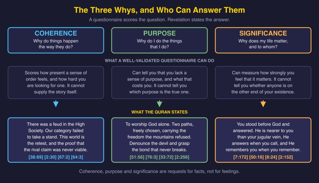 Diagram 1: the three whys, what a questionnaire can measure, and what the Quran states.