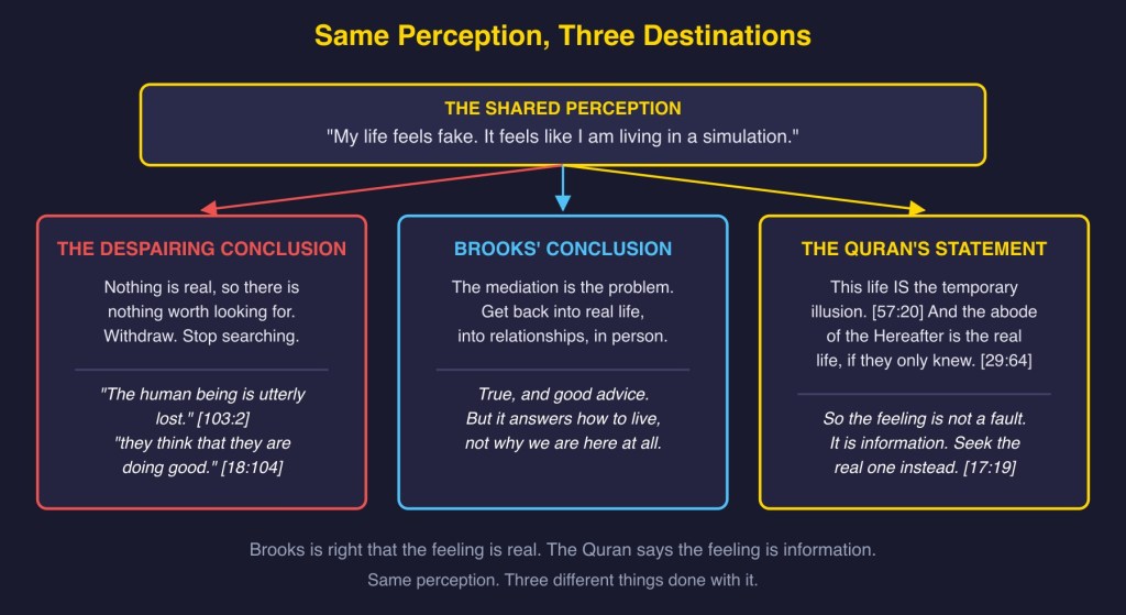 Diagram 4: same perception, three destinations (despair, Brooks' answer, the Quran's statement).