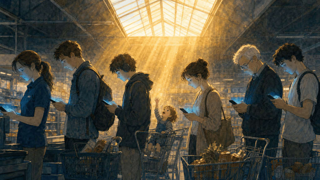 A supermarket queue lit blue by phones, with one child looking up into the daylight.