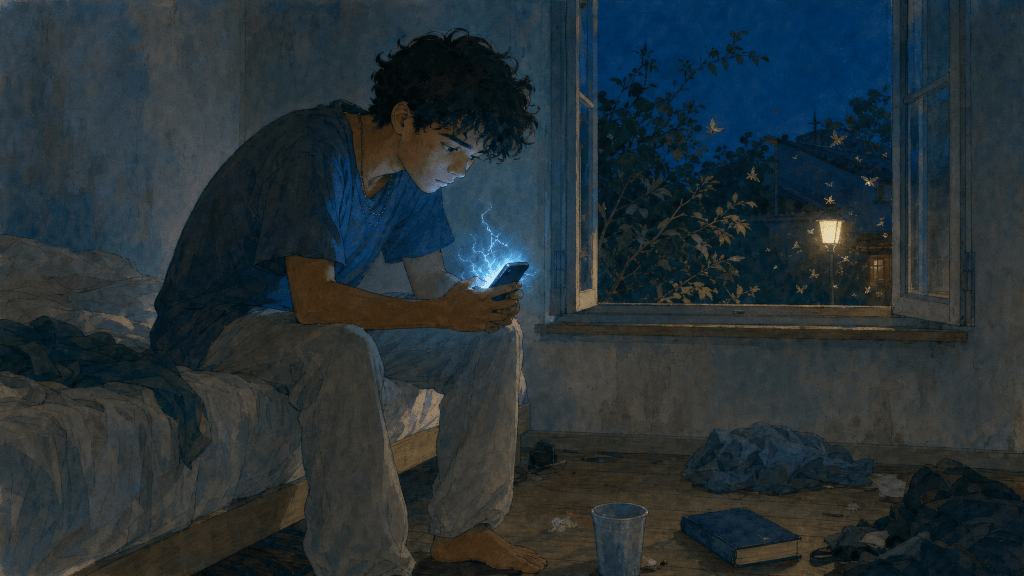 The phone as the shocking device: a young man alone, an open window behind him.