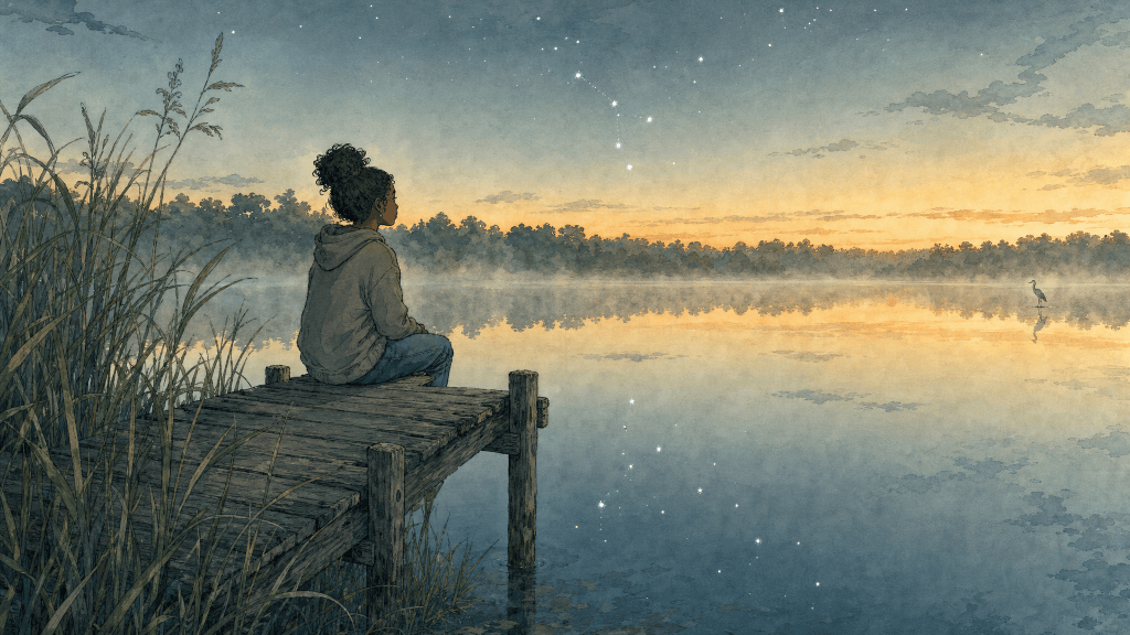 The default mode network as a still lake at dawn, a young woman on a jetty with no device.