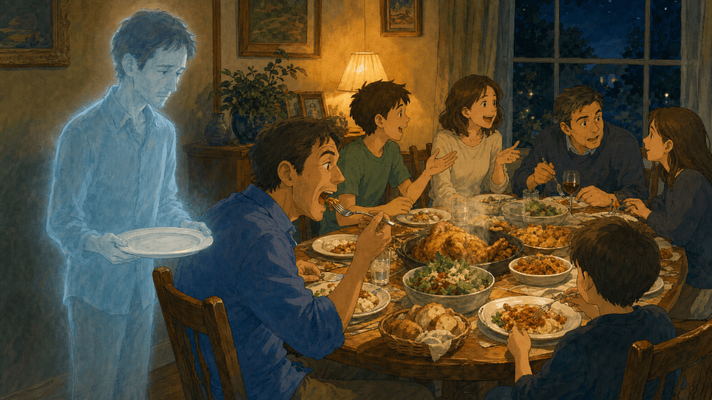 Body and soul at the dinner table: the translucent real person holding an empty plate.