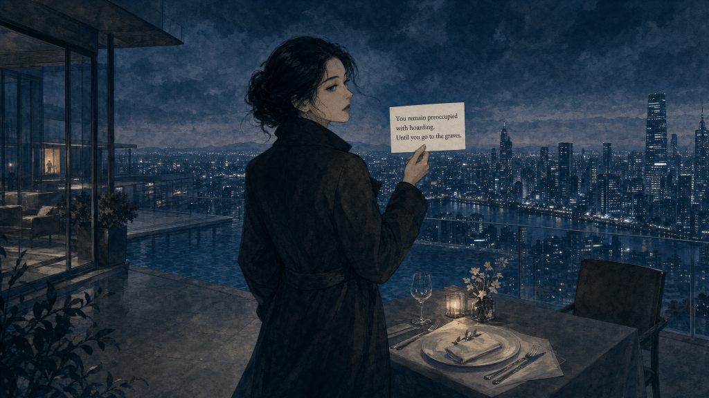The billionaire's rooftop, holding a card reading "You remain preoccupied with hoarding."