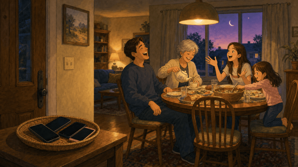 Phones in a basket by the door, a diverse family laughing over a shared meal.
