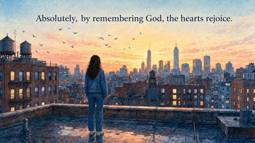 Dawn on a city rooftop, blue windows going dark, "by remembering God, the hearts rejoice."