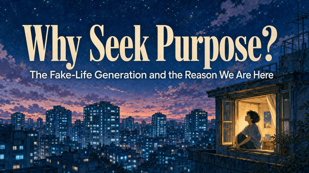 Title card: Why Seek Purpose? over a dusk cityscape of phone-blue windows and one warm gold room.