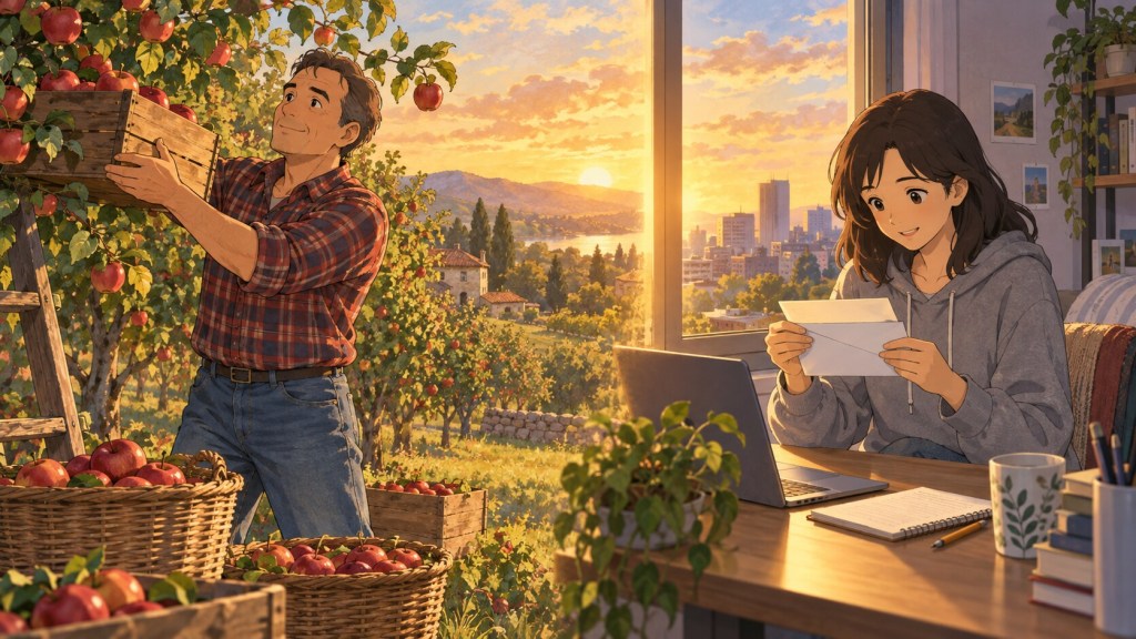 An orchard harvest and a paycheck opened at a desk in the same light.