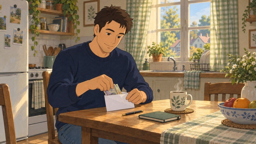A giver preparing an advance gift in an envelope at a kitchen table.
