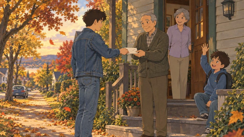 A son handing an envelope to his father on a suburban porch.