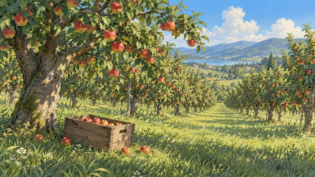 An orchard with harvested apples in a crate; actual receipts remain the assessment base.