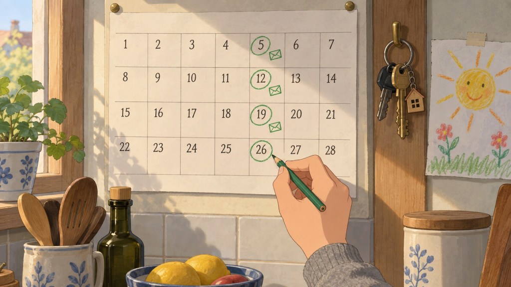 A household illustration of four weekly receipts and regular gifts; the four dates do not represent an advance ceiling.
