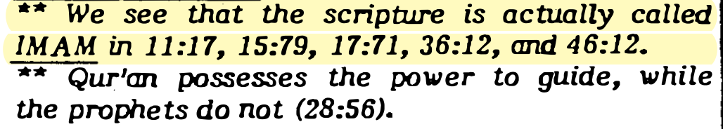Rashad Khalifa’s original printed passage listing 17:71 among verses where scripture is called IMAM.