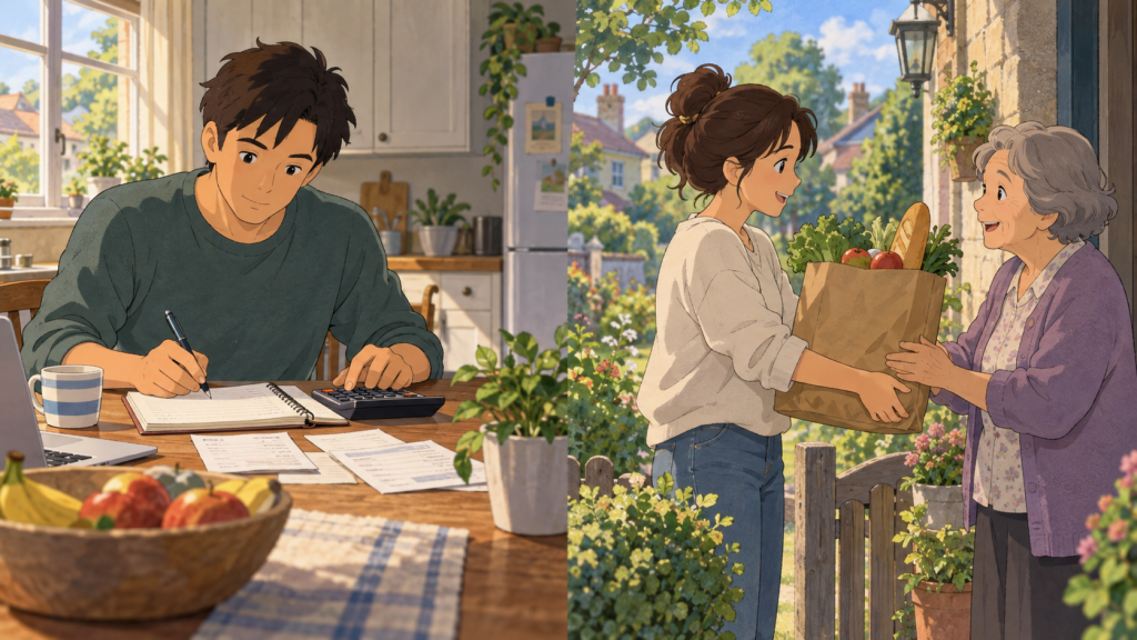 Calculated giving at a kitchen table alongside help offered to an older neighbor.