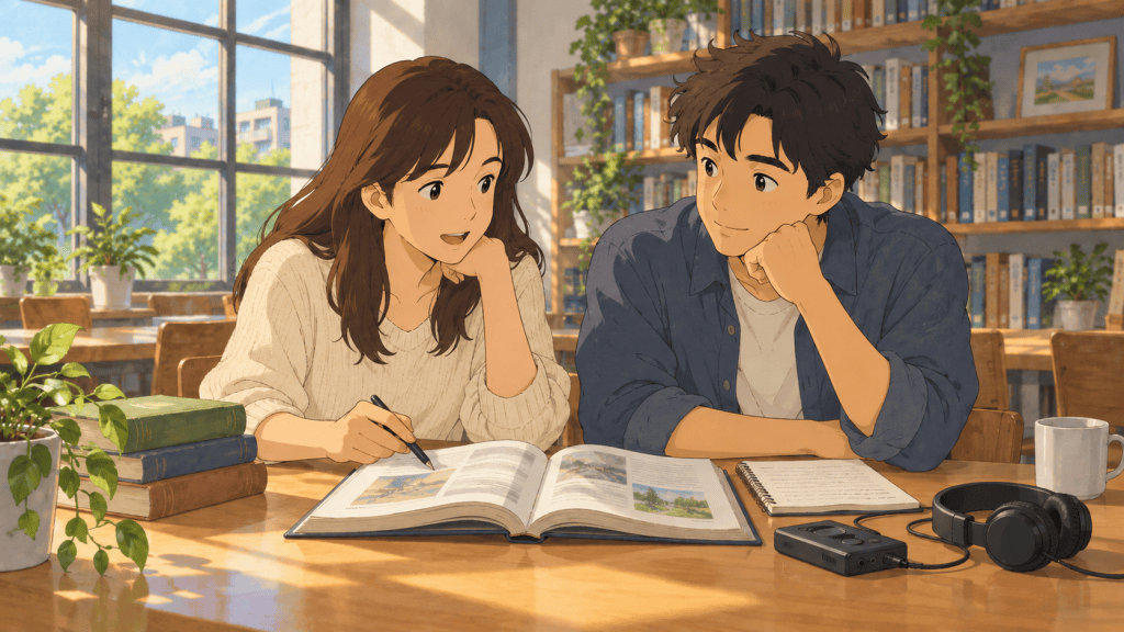 Two readers examine a book and audio recording together in a bright library.