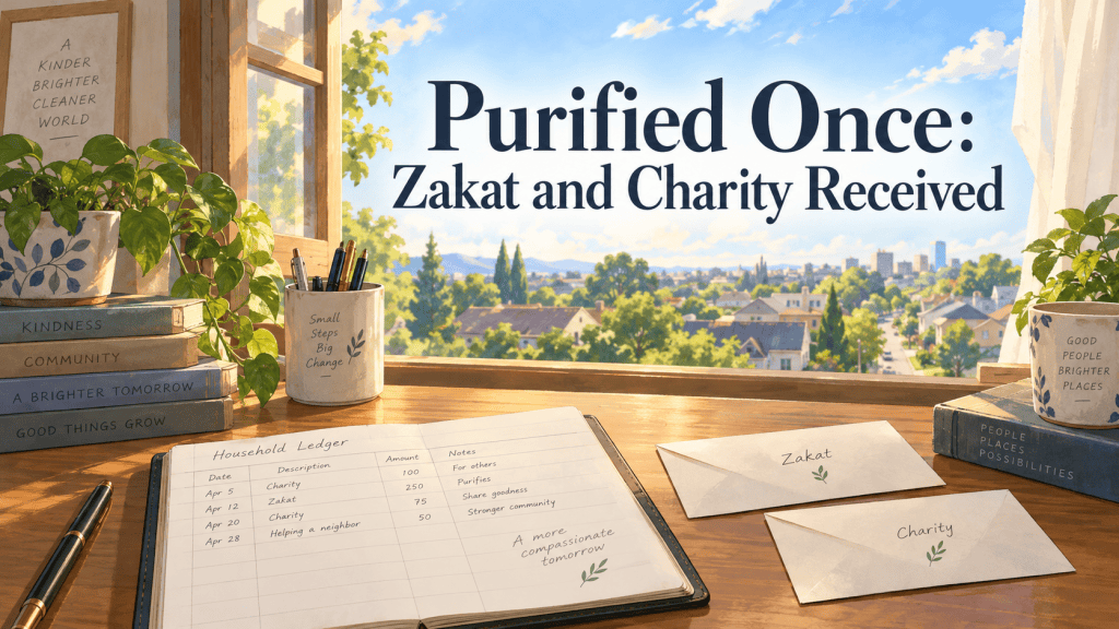 Title card above a household ledger and envelopes beside a sunlit window.
